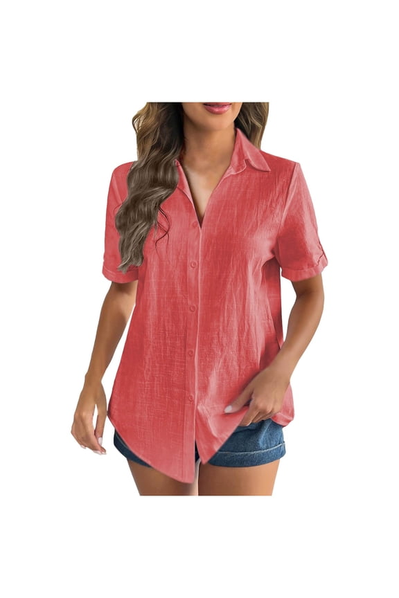 Cotton Linen Short Sleeve Shirts for Women Lapel Button down Blouses Solid Color Casual Tops