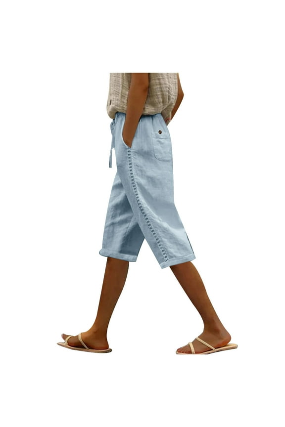 Cotton Linen Shorts for Women Elastic Waist Loose Shorts Summer Casual Plus Size Knee Length Pants with Pocket