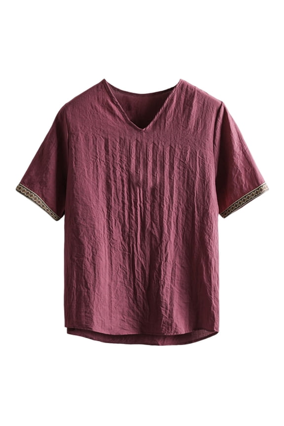 Cotton Linen T-Shirts for Men Short Sleeve Plus Size Casual V Neck Solid Color Pullover Tops