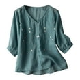thumbnail image 1 of HAiming Cotton Linen Tops for Women Summer Casual 3/4 Sleeve V Neck Loose T Shirts Trendy Embroidery Blouses Tees, 1 of 7