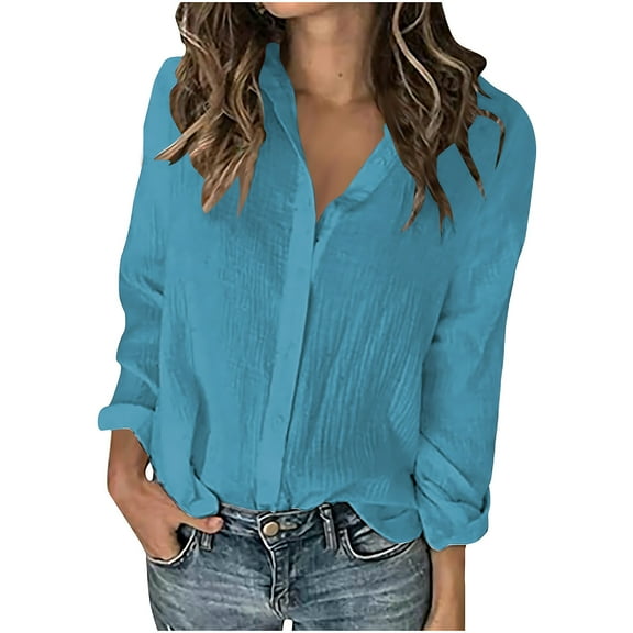 HAiming Cotton Linen Womens Long Sleeve Button down Shirt Blouse Loose Solid Color Casual V Neck Tops