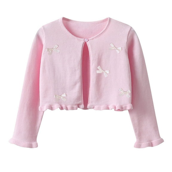 HAiming Cropped Cardigan Sweater for Girls Ruffle Long Sleeve Button Closure Bow Solid Color Fall Clothes for Kids