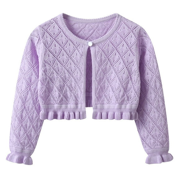 HAiming Cropped Cardigan Sweater for Girls Ruffle Long Sleeve Button Closure Hollow out Solid Color Fall Clothes