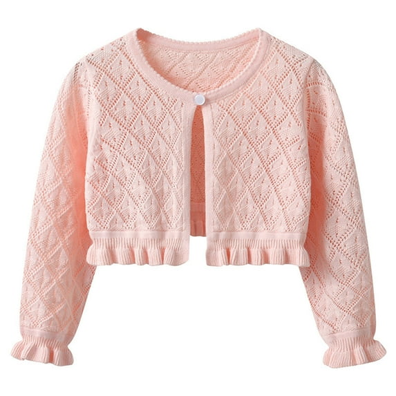 HAiming Cropped Cardigan Sweater for Girls Ruffle Long Sleeve Button Closure Hollow out Solid Color Fall Clothes