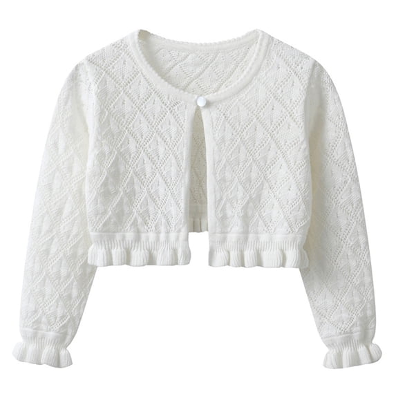 HAiming Cropped Cardigan Sweater for Girls Ruffle Long Sleeve Button Closure Hollow out Solid Color Fall Clothes