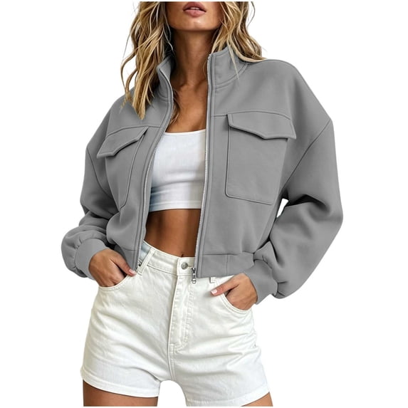 HAiming Cropped Jackets for Women Long Sleeve Zipper Solid Color Casual Trendy Jackets with Pockets Outdoors Jackets