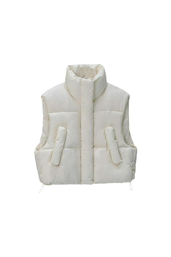 Cropped Padded Vest for Women Zip up Sleeveless Stand Collar Bottom Drawstring Jackets Coat with Pockets