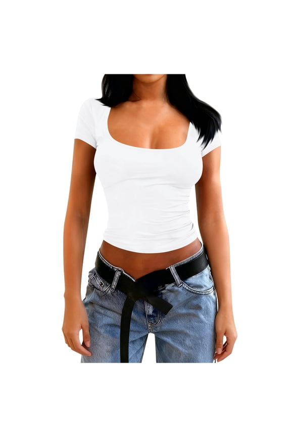 Cropped Short Short Tshirt for Women Slim Fitted Square Neck Solid Color Spring Summer Basic Tees