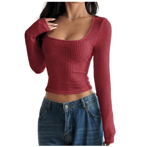 HAiming Cropped Sweater for Women Slim Fitted Round Neck Ribbed Long Sleeve Solid Color Pullover Tops