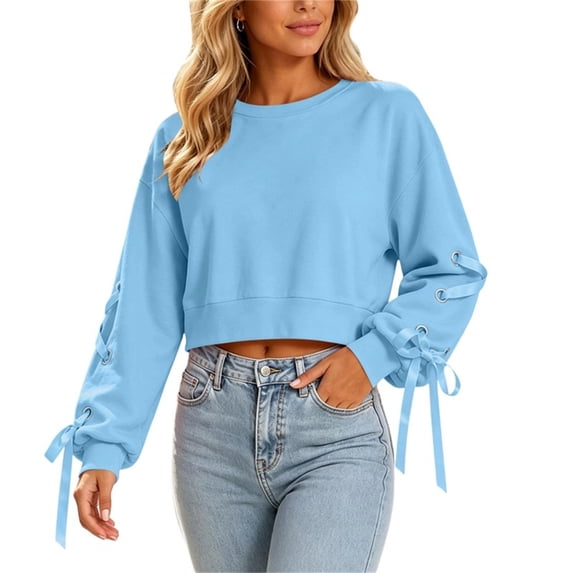 HAiming Cropped Sweatshirts for Women Long Sleeve Bow Scoop Neck Trendy Shirts Fall Winter Casual Going out Tops