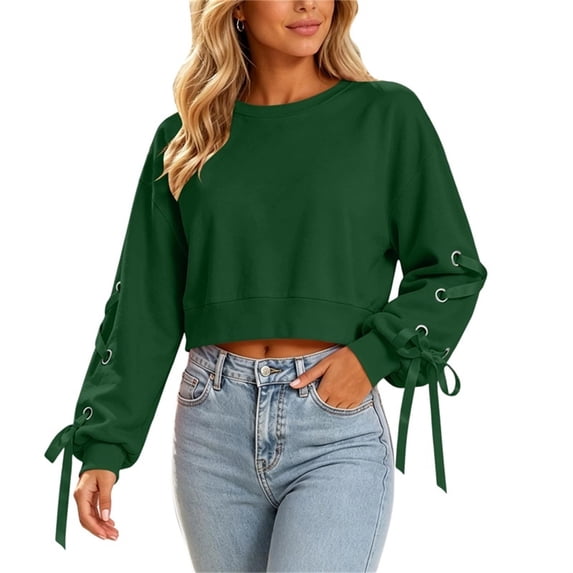 HAiming Cropped Sweatshirts for Women Long Sleeve Bow Scoop Neck Trendy Shirts Fall Winter Casual Going out Tops