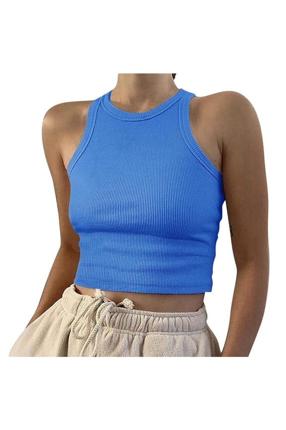 Cropped Tank Tops for Women Strench Ribbed Slim Fitted Sleeveless Crew Neck Solid Color Shirt