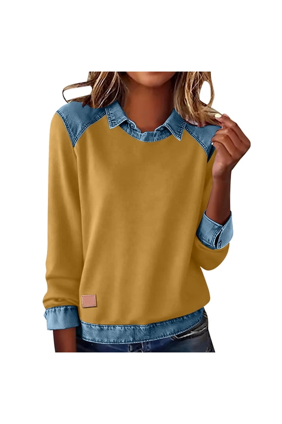 Denim Patchwork Womens Tops 3/4 Sleeve Leapel Collar Casual Pullover Blouse Trendy Clothes