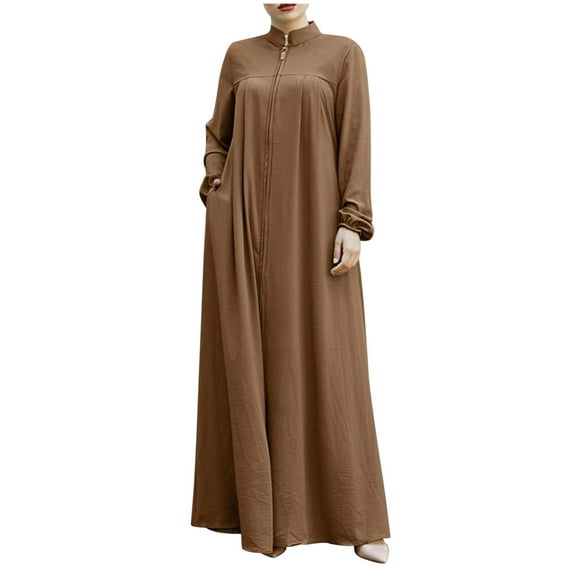HAiming Dresses for Women Solid Color Long Sleeve Stand Collar Zip up Maxi Dress Plus Size Casual Loose Long Dress