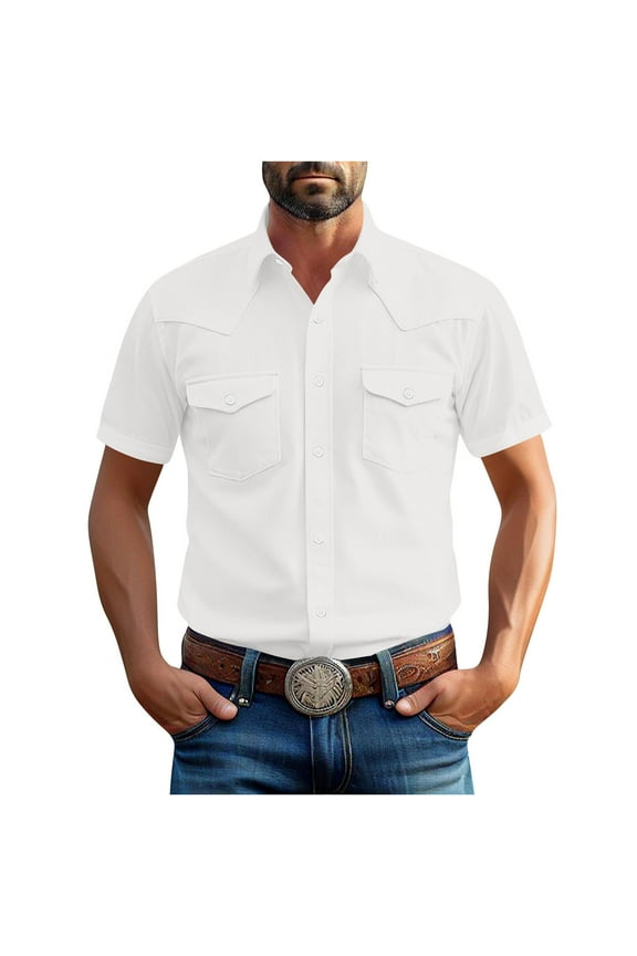 Dressy Lapel Collar Shirt for Men Casual Short Sleeve Button down Solid Color Tops with Pockets