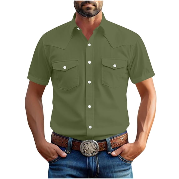 HAiming Dressy Lapel Collar Shirt for Men Casual Short Sleeve Button down Solid Color Tops with Pockets