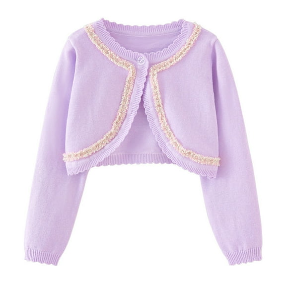 HAiming Fall Clothes Girls Cotton Cropped Cardigan Sweaters Long Sleeve Lace Trim Solid Color Open Front Cover up Tops Coat