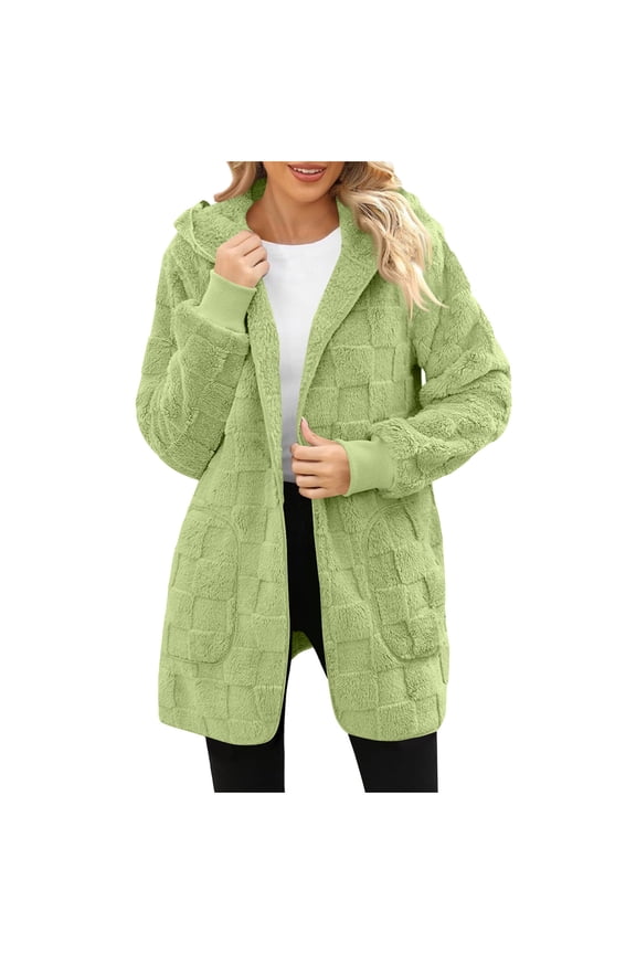 Fleece Cardigan Jacket for Women Fuzzy Open Front Lined Soft Warm Hooded Winter Coat with Pockets