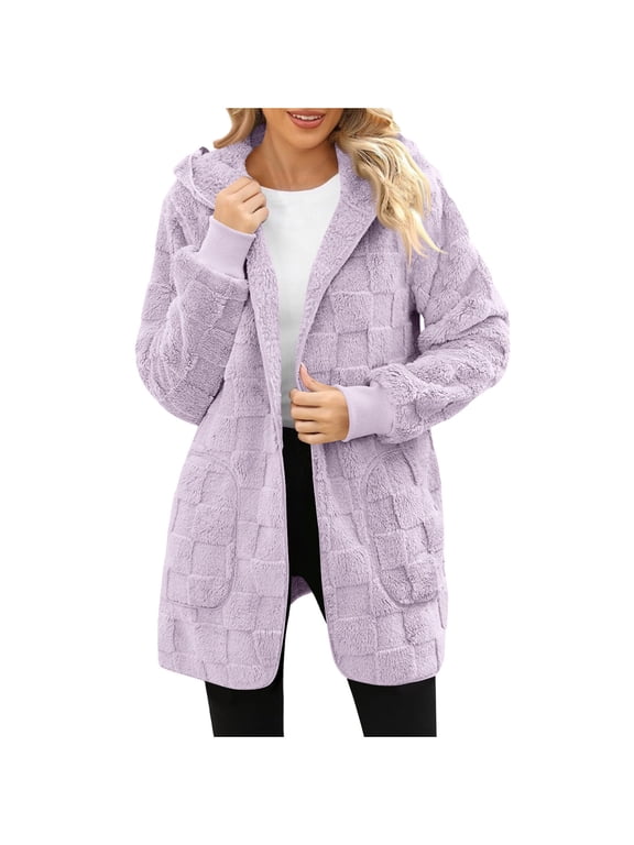 Fleece Cardigan Jacket for Women Fuzzy Open Front Lined Soft Warm Hooded Winter Coat with Pockets