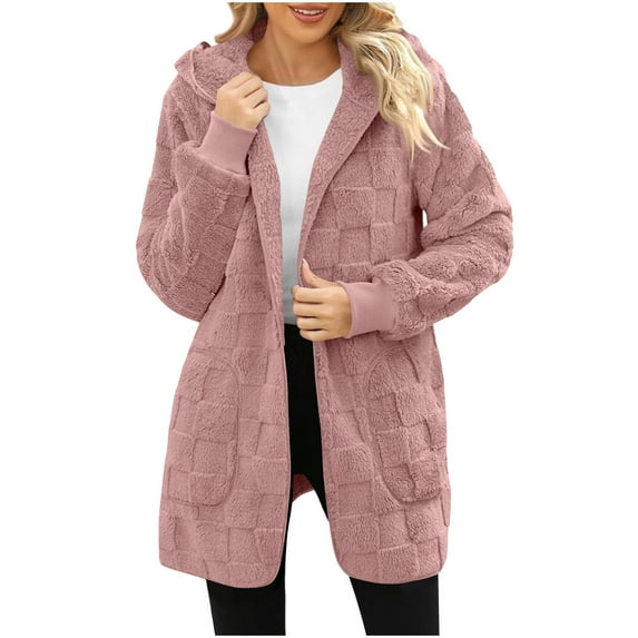 HAiming Fleece Cardigan Jacket for Women Fuzzy Open Front Lined Soft Warm Hooded Winter Coat with Pockets