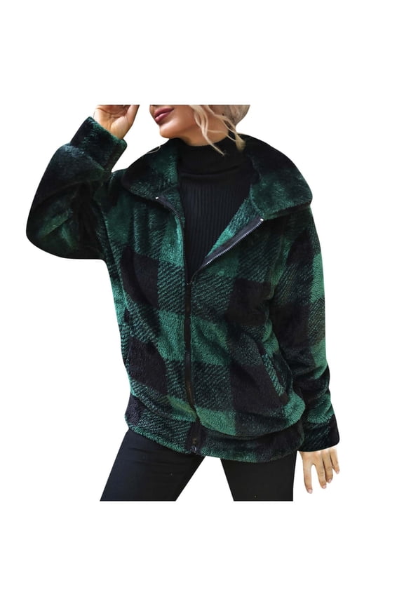 Fleece Coat for Women 2025 Trendy Plaid Lapel Long Sleeve Zip up Jacket Fall Winter Casual Warm Outerwear