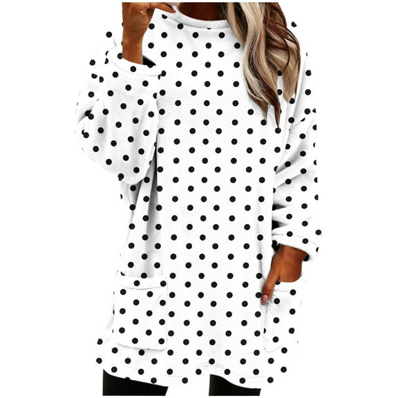 HAiming Fleece Fuzzy Tops for Women Polka Dots Casual Long Sleeve Winter Warm Pullover Blouse with Pockets