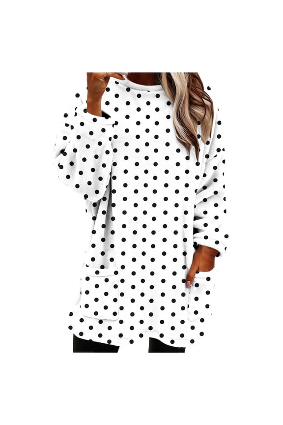 Fleece Fuzzy Tops for Women Polka Dots Casual Long Sleeve Winter Warm Pullover Blouse with Pockets