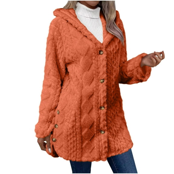 HAiming Fleece Jacket for Women Winter Warm Long Sleeve Hooded Coats Casual Solid Color Button down Plush Tops Outwear