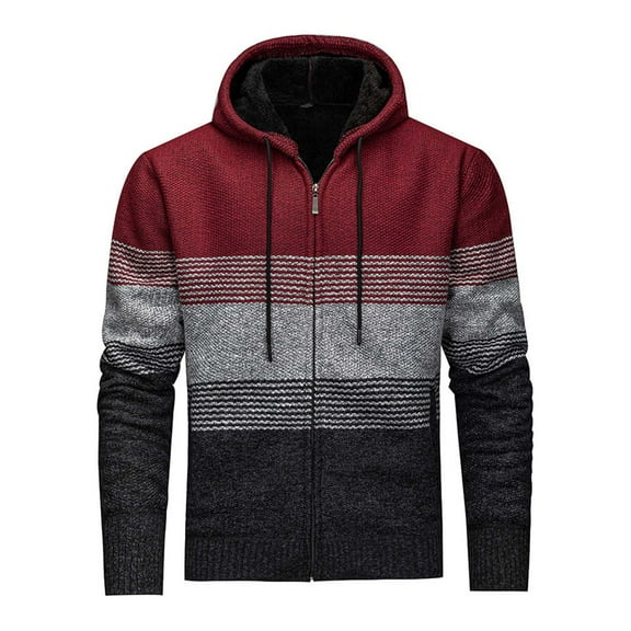 HAiming Fleece Lined Colod Block Zip up Hooded Jackets for Men Striped Drastring Hood Long Sleeve Outwear Coats