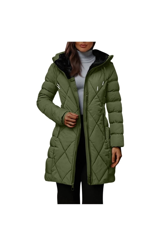 Fleece Lined Cotton Padded Long Jacket for Women Two Way Zip Winter Warm Quilted Insulated Hooded Coat