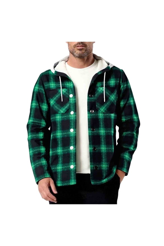 Fleece Lined Jacket for Men Plaid Button Drawstring Hooded Coats Long Sleeve Casual Warm Fashion Clothes