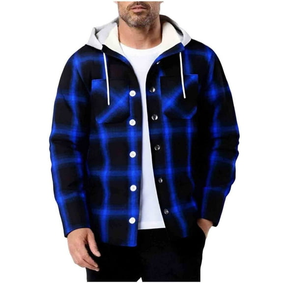 HAiming Fleece Lined Jacket for Men Plaid Button Drawstring Hooded Coats Long Sleeve Casual Warm Fashion Clothes