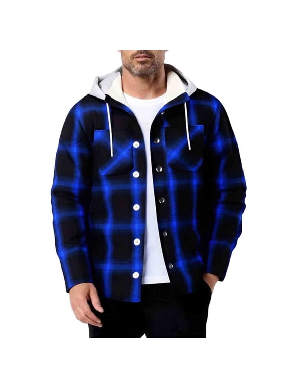 Fleece Lined Jacket for Men Plaid Button Drawstring Hooded Coats Long Sleeve Casual Warm Fashion Clothes