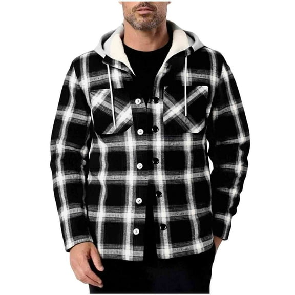 HAiming Fleece Lined Jacket for Men Plaid Button Drawstring Hooded Coats Long Sleeve Casual Warm Fashion Clothes