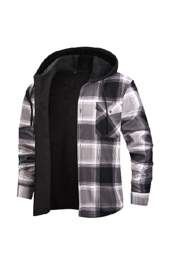 Fleece Lined Jacket for Men Plaid Button down Casual Long Sleeve Drawstring Hooded Coat with Pockets
