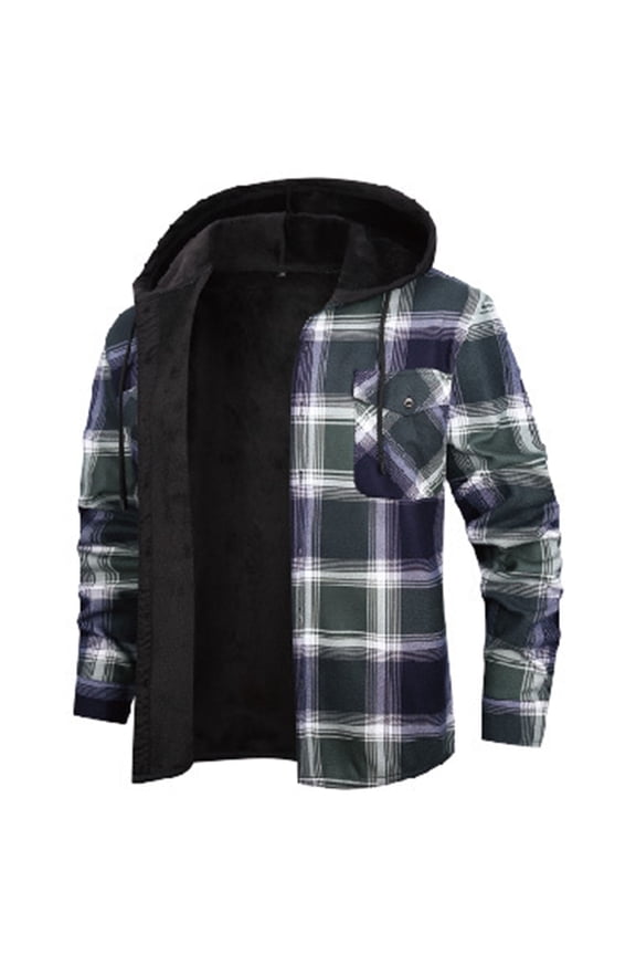 Fleece Lined Jacket for Men Plaid Button down Casual Long Sleeve Drawstring Hooded Coat with Pockets