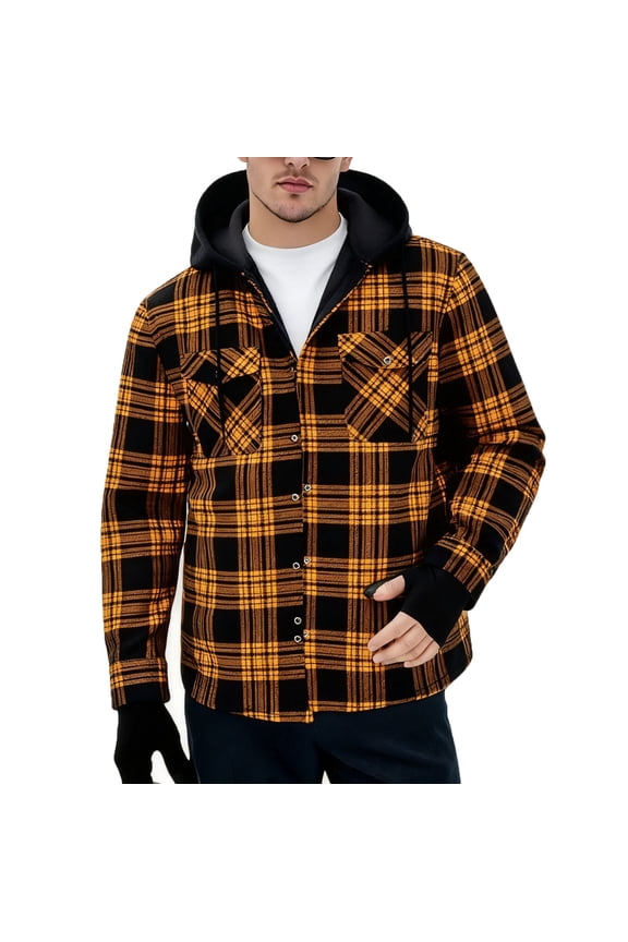 Fleece Lined Jackets Plaid Button down Coat Casual Long Sleeve Drawstring Hooded Outwear with Pocket
