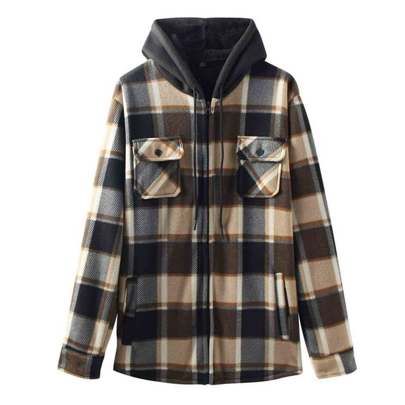 HAiming Fleece Lined Plaid Button down Jackets Drawstring Hooded Coat Long Sleeve Casual Outerwear with Pockets