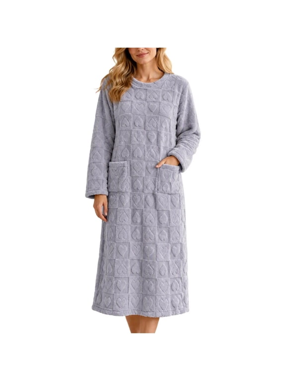 Fleece Nightgowns for Women Long Sleeve Soft Plush Warm Cozy Pajamas Fall Winter Sleepwear with Pockets