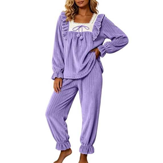 HAiming Fleece Pajama Sets for Women 2 Piece Long Sleeve Trendy Shirts Comfy Pants Lounge Sets Loose Casual Sleepwear