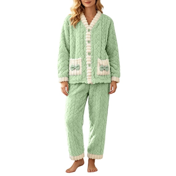 HAiming Fleece Pajama Sets for Women 2 Piece Long Sleeve Trendy Shirts Comfy Pants Lounge Sets Loose Casual Sleepwear