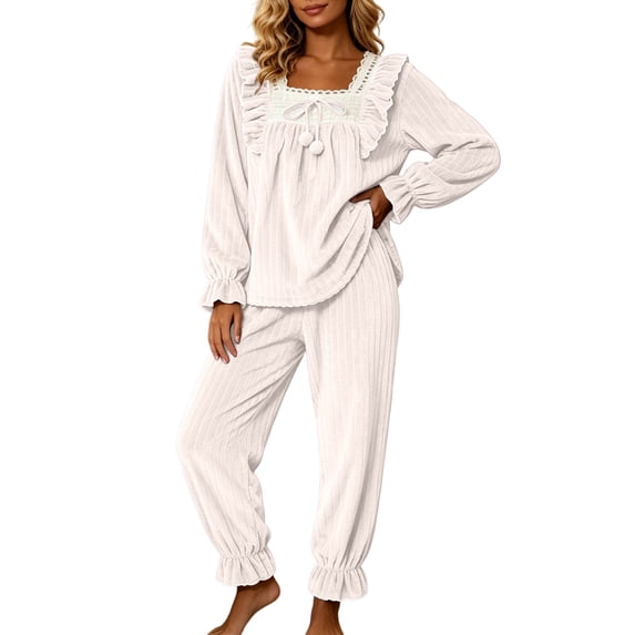 HAiming Fleece Pajama Sets for Women 2 Piece Long Sleeve Trendy Shirts Comfy Pants Lounge Sets Loose Casual Sleepwear