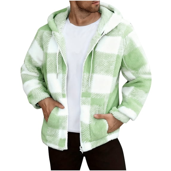 HAiming Fleece Plaid Jacket for Men Full Zip Long Sleeve Warm Soft Comfy Outwear Hooded Coat with Pockets