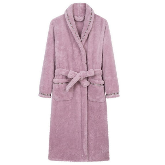 HAiming Fleece Robe for Women Winter Warm Long Sleeve Lapel Belt Soft Comfy Casual Nightwear with Pockets