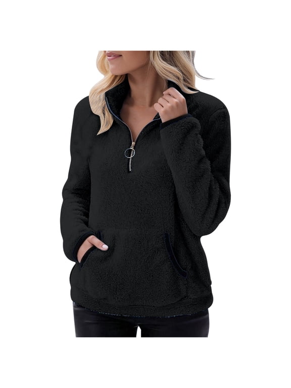 Fleece Sweatshirt for Women Quarter Zip Long Sleeve Stand Neck Winter Warm Pullover Tops with Pockets
