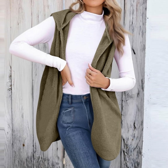 HAiming Fleece Vest Hooded Cardigan for Women Open Front Solid Color Sleeveless Soft Comfy Jacket Trendy Coats