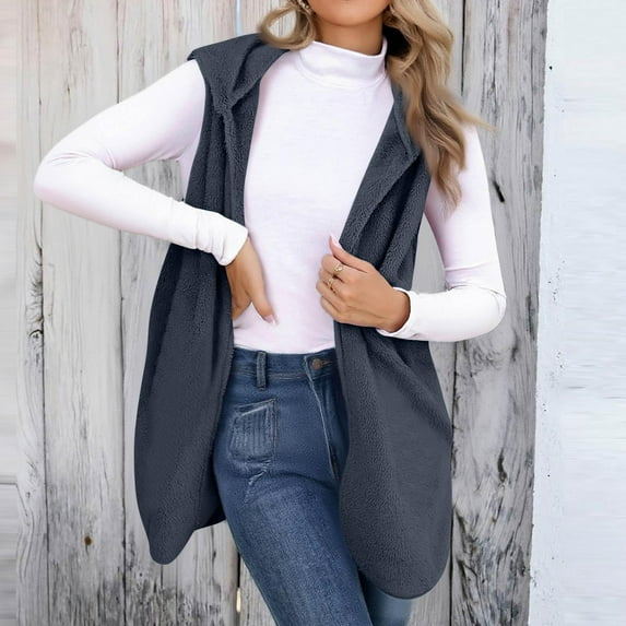 HAiming Fleece Vest Hooded Cardigan for Women Open Front Solid Color Sleeveless Soft Comfy Jacket Trendy Coats