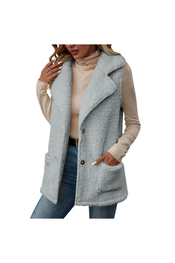 Fleece Vest Oversize Sleeveless Jacket Solid Color Fuzzy Tops Fall Winter Soft Warm Blouse with Pockets