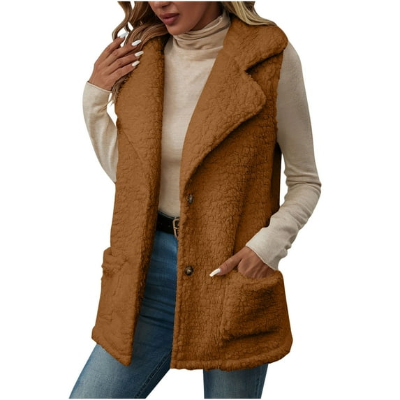 HAiming Fleece Vest Oversize Sleeveless Jacket Solid Color Fuzzy Tops Fall Winter Soft Warm Blouse with Pockets
