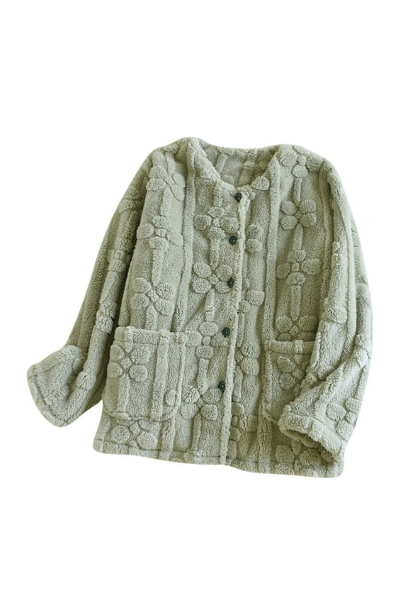 Fuzzy Jacket for Women Cute Flower Warm Fleece Long Sleeve Crew Neck Button down Winter Coats with Pockets